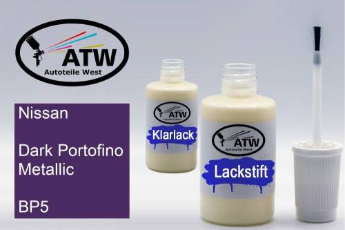 Nissan, Dark Portofino Metallic, BP5: 20ml Lackstift + 20ml Klarlack - Set, von ATW Autoteile West.